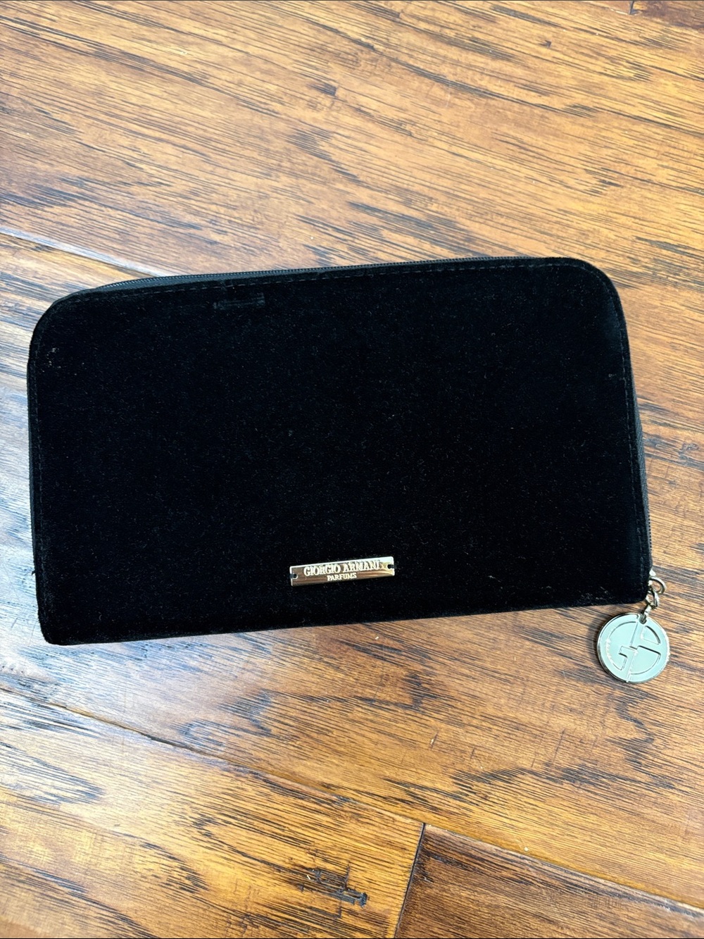 Giorgio Armani Black Velvet Zip-Around Wallet with Gold Accents